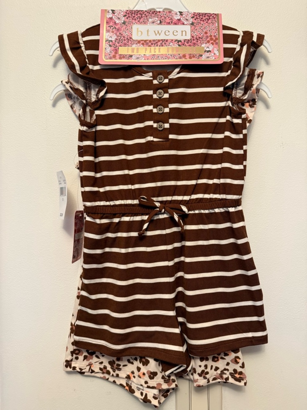 btween Brown & White Striped Girls' Romper with Floral/Leopard Set